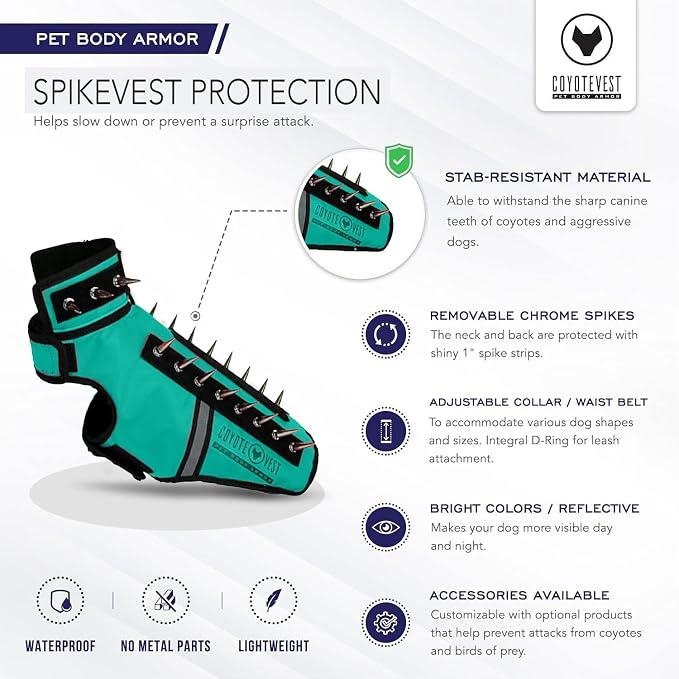 CoyoteVest SpikeVest Dog Harness, Made in the USA, XS-Turquoise | Stab-Resistant Protective Vest | Coyote Vest for Dogs | Defends Against Coyotes, Dogs, Birds of Prey | Reflective Safety