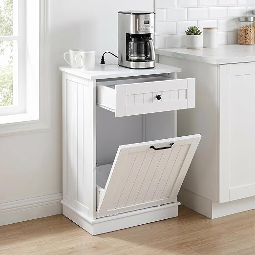 13 Gallon Tilt Out Trash Can Cabinet, Hidden Trash Bin White | Trash Cabinet with Drawer, for Kitchen, Bathroom and Laundry Room