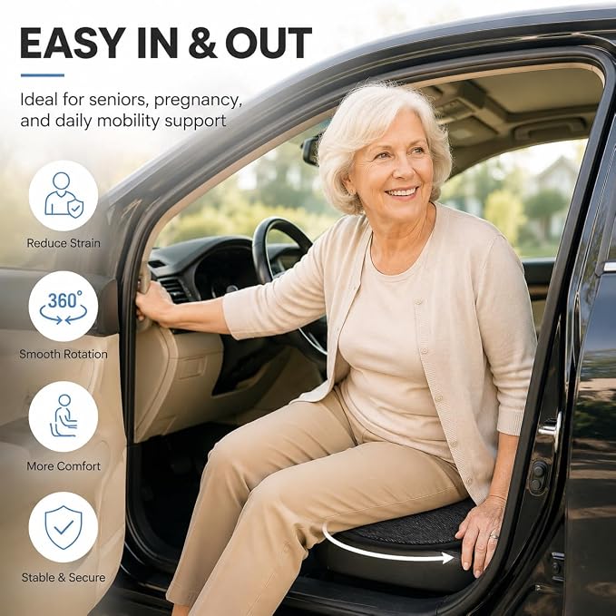 YARNOW 360 Degree Swivel Seat Cushion for Car, Black Rotating Chair Pad, Non-Slip Auto Revolving Base for Elderly and Pregnant Women, Home Office Mobility Assist