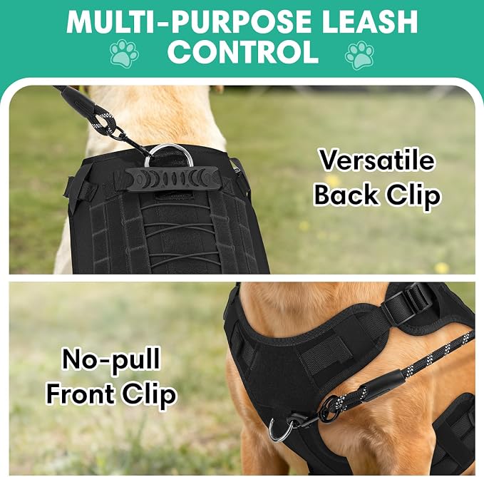 YooxArmor No Pull Dog Harness and Leash Set, Tactical Adjustable for Large Dog, Easy Walk Soft Vest Padded Oxford for Training Hiking (Black-L)