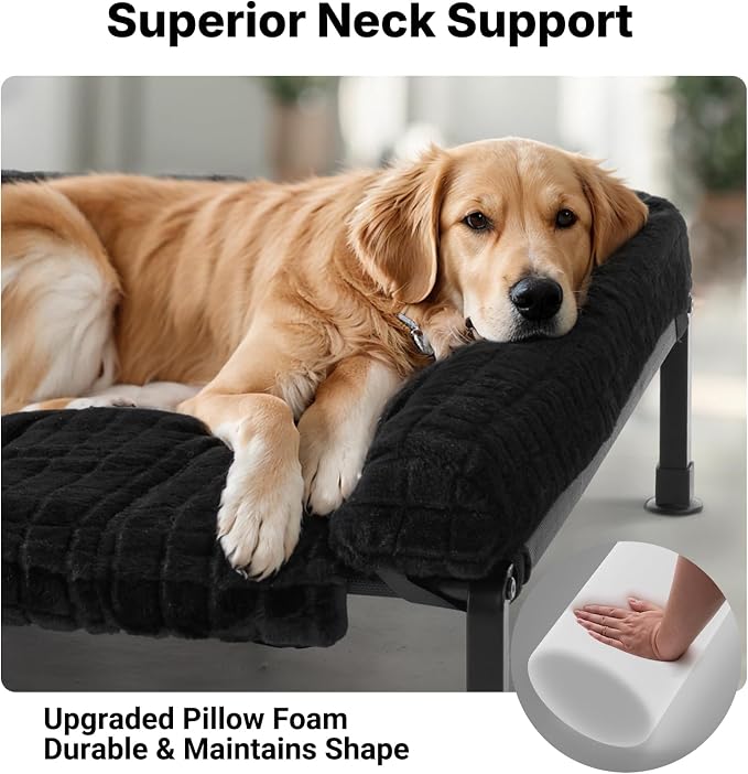 Veehoo Elevated Dog Bed with Fluffy Plush Bolster Cushion, Dog Couch Bed | Cooling Raised Dog Bed for Large Dogs, Washable Orthopedic Pet Cot with Removable Mat, Breathable Mesh, Non-Slip, 53", Black