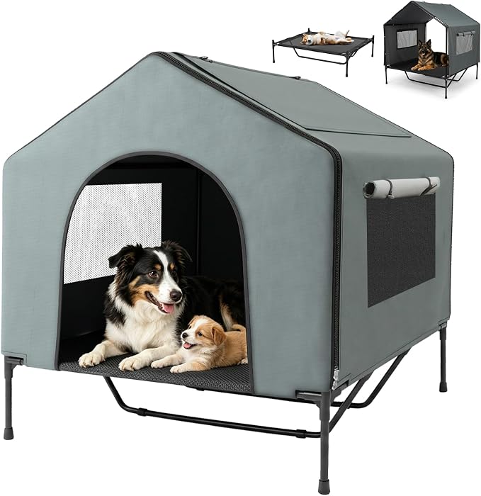 Dog House Outdoor, 43" Tall 3-in-1 Elevated Dog Bed with Roof | 4-Side Breathable Mesh Window, Dog Shelter for Large Dog Breeds Outside, Dog Tent with Canopy, Weatherproof Waterproof, 200LB