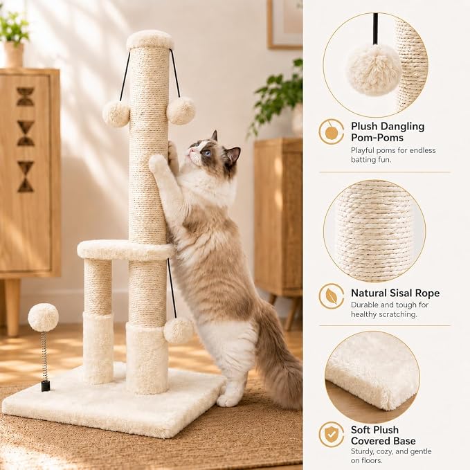 Dimaka Tall Cat Scratching Post, Double Lower Posts Extra Stable Cat Post Tree Scratcher with Sisal Rope and Teasing 4 Balls Total Large Base (Beige)