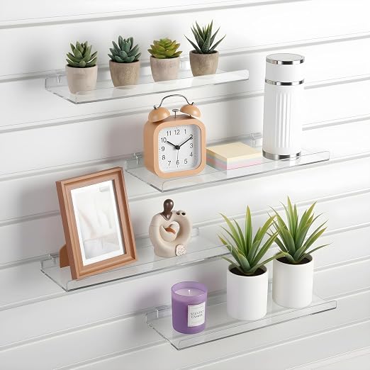 Yalikop 4 Pcs Slatwall Shelves Clear Acrylic Slatwall Shelves Organizer Wall Mounted Hanging Accessories Plastic Panel Display Shelf for Retail Store Boutique Garage Home(No Fence Style,14 x 6 Inch)