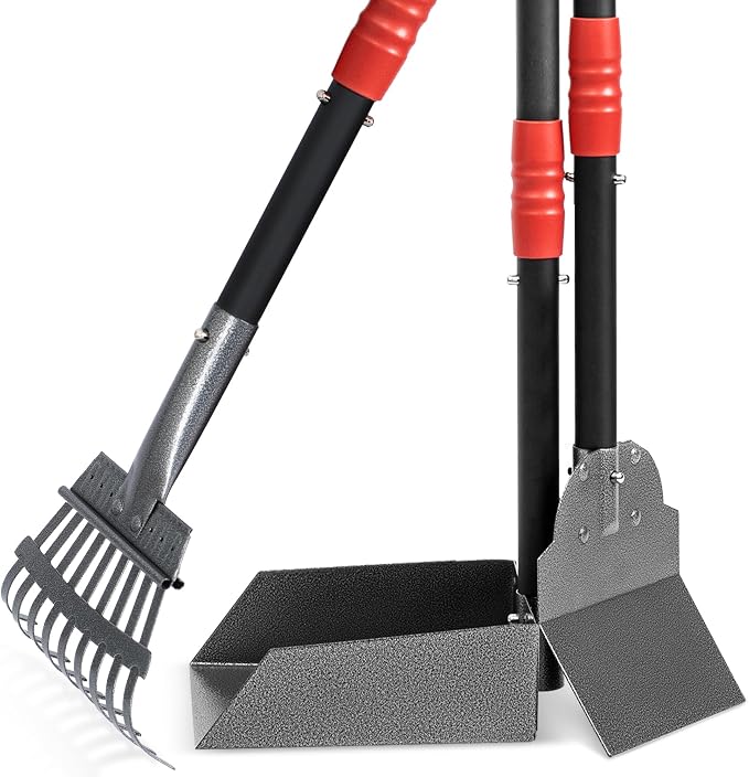 Dog Pooper Scooper, Dog Poop Tray and Rake Set with Long Stainless Handles | Pet Waste Removal Scoop with Adjustable Sectional Handles