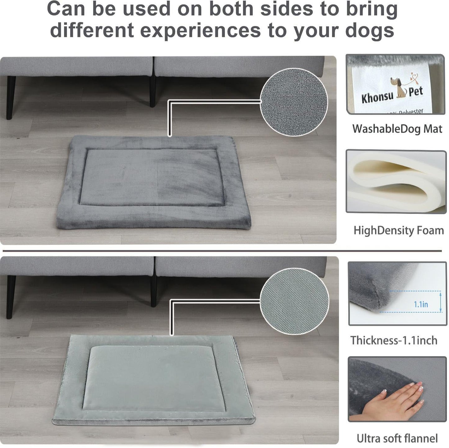 KHONSU PET Dog Bed Mat for Crate 1.1in Slim Cooling Pad Reversible Flannel & Waterproof Canva for Dogs up to 25 lbs