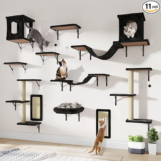11-in-1 Cat Wall Shelves Cat Climbing Furniture with Wall Mounted Perch & Lounge for Indoor Cats, Space-Saving Cat Climbing Wall Systems, Black