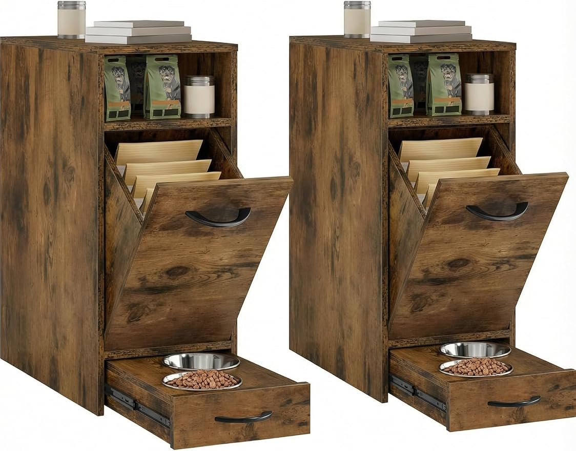 DWVO 30.6" Dog Feeding Station with Storage & 4 Feeder Bowls | Tilt-Out Dog Food Cabinet, Pull Out Elevated Dogs Bowl, Rustic Brown