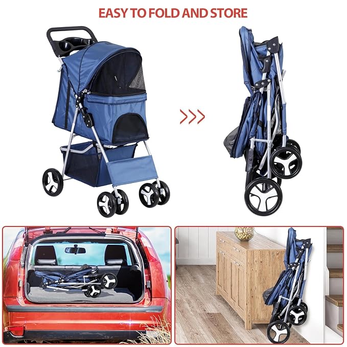 LEMY Pet Stroller,4 Wheels Dog Cat Stroller with Storage Basket&Cup Holder,Folding Dog Cat Cage Jogger Strollers for Small Medium Dogs Cats Travel,Navy Blue
