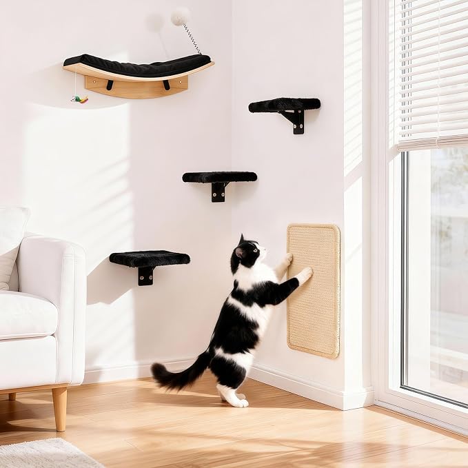 Wooden Cat Wall Shelves and Perches, 5 Piece Wall Mounted Cat Furniture System with Soft Washable Pads, Modern & Space-Saving Design for Climbing and Play