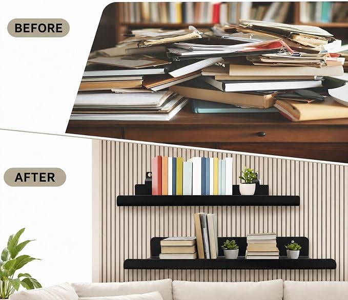 Floating Shelves for Wood Wall Panels,Metal Shelf for Storage Display,2pk | 8x4 Inch and 12x4.8 Inch,Black,Shelf Accessories,Wall Shelves Holder
