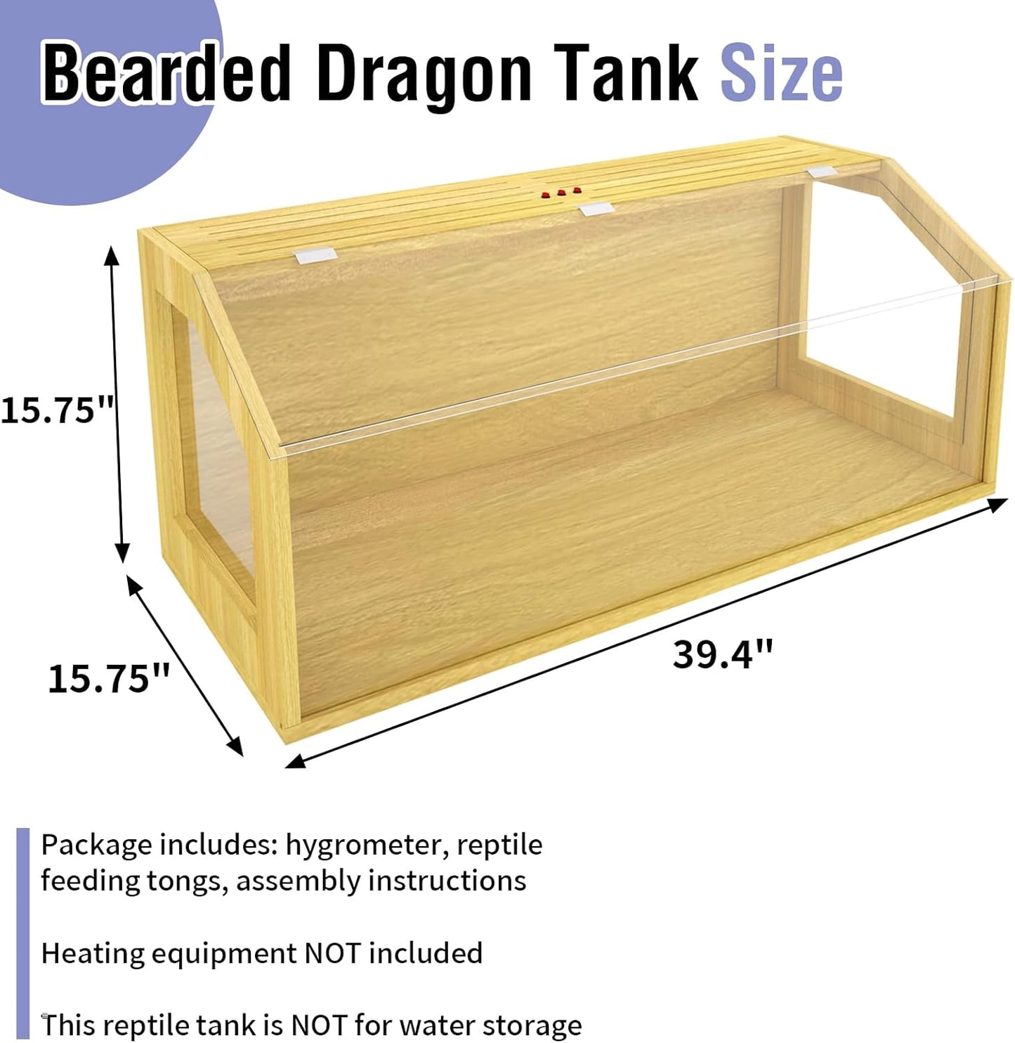 40 Gallon Large Reptile Tank, Wooden Snake Enclosure, Lockable Clear Acrylic Roof, Reptile Terrarium Cage with Feeding Tongs, Bearded Dragon Tank for Lizard, Leopard Gecko, 40" L x 16" W x 16" H