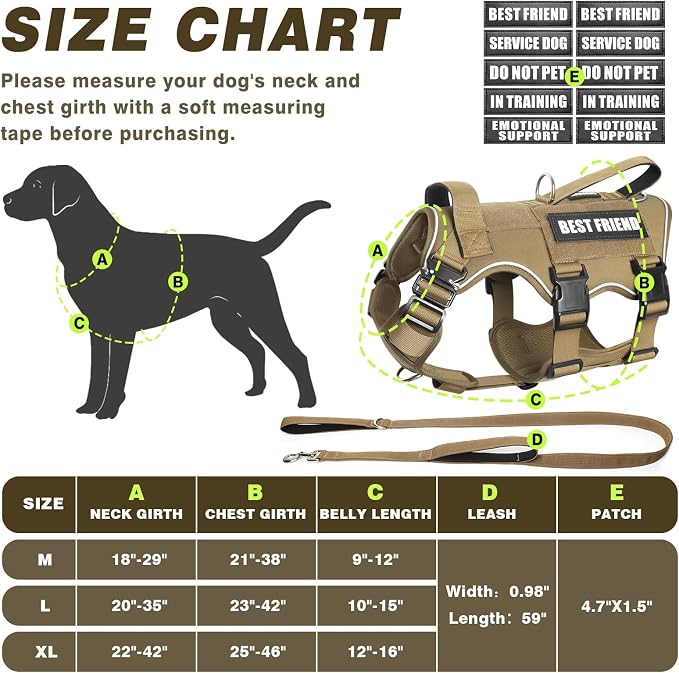 Tactical Dog Harness and Leash Set with Metal Buckles+10 Patches | Heavy Duty Service Dog Vest ,Adjustable Harness for Large Sized Dogs,No Pull Front Back Clips,for Training Hiking,Brown L