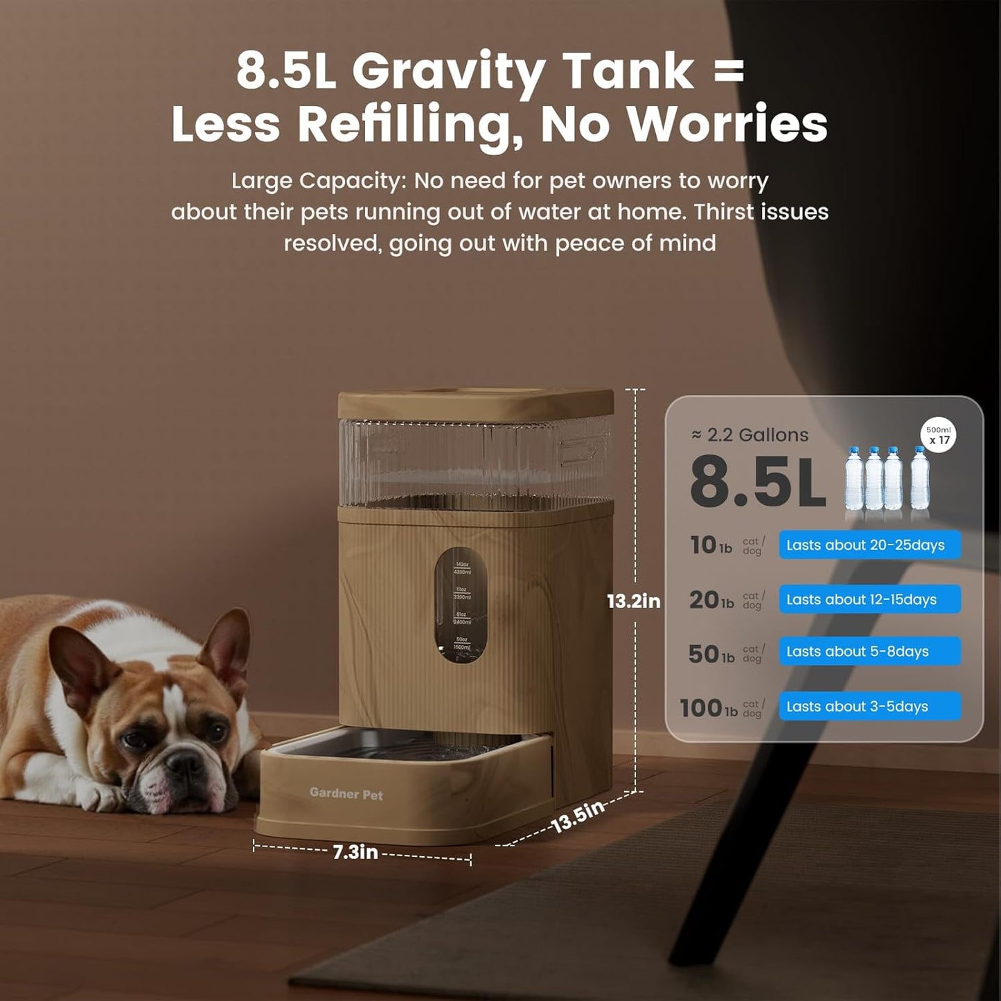 Gardner Pet Automatic Dog Water Dispenser Gravity Waterer with Stainless Steel Bowl Water Dispenser 8.5L Large Capacity Water Feeder for Dogs Cats Pets, BPA-Free Noise-Free (Light Brown, 8.5L)