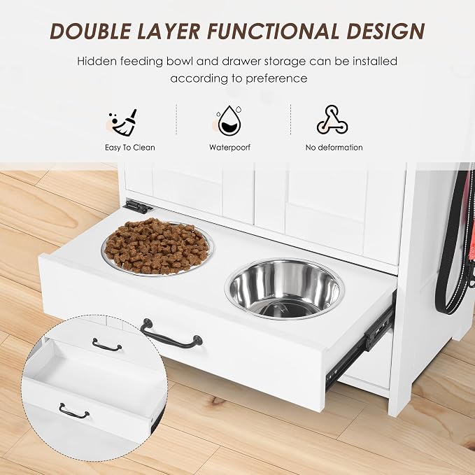 Dog Feeding Station with Double Door Locker, 2 Dog Bowls, 3 Hooks, Dog Food Storage Cabinet, Cat Feeding Dtation, Space-Saving Pet Food Storage Organizer for Indoor Outdoor, White