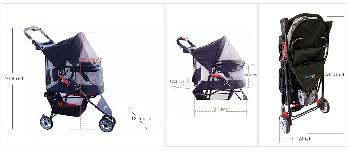 Full-Window pet Stroller 3 Wheels for Cats & Dogs, with Storage Basket,Cup Holder, Travel Puppy/Cats Stroller.