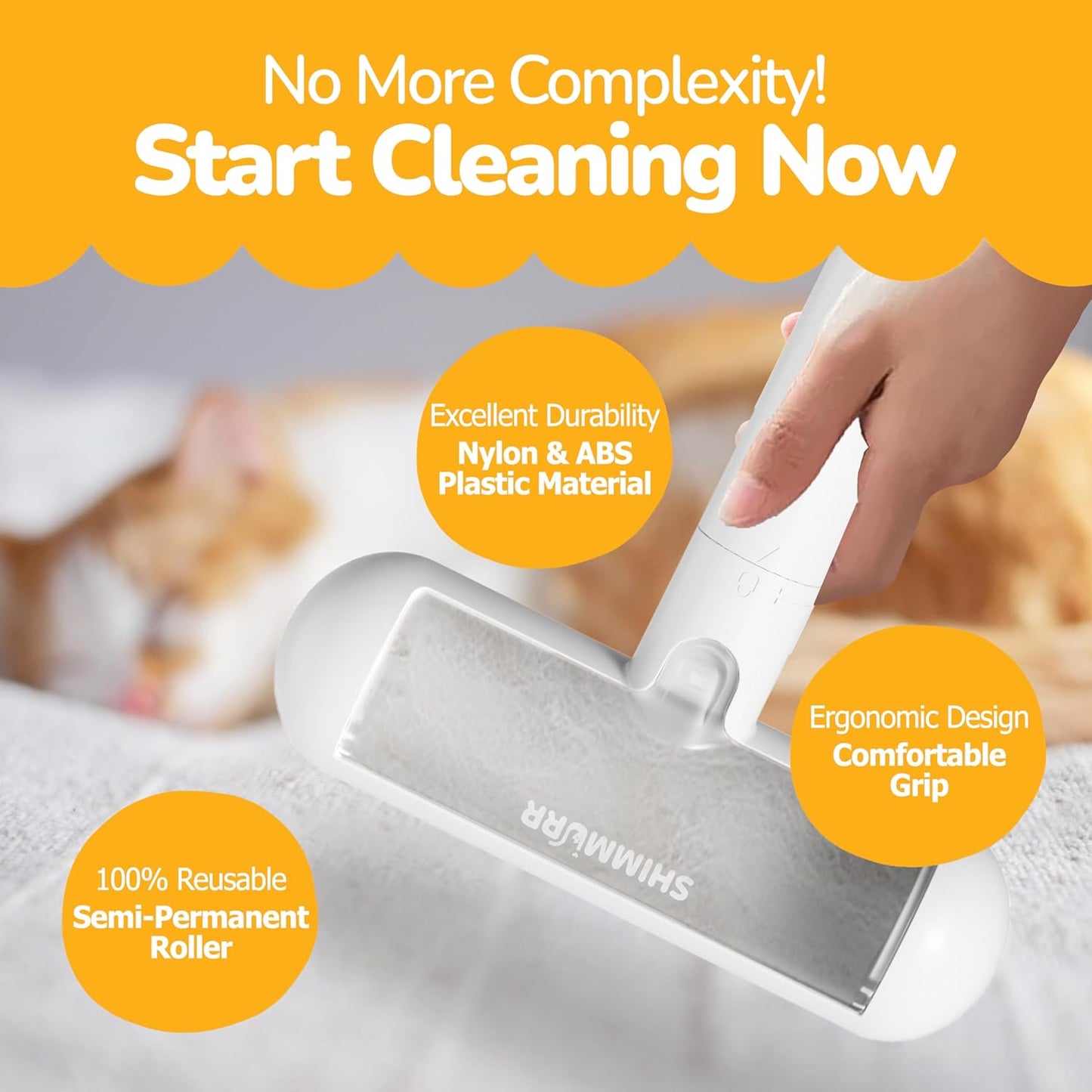 Reusable Pet Hair Remover - Lint Roller for Dog & Cat Fur - for Furniture, Carpet, Clothing - Detachable Handle (White)