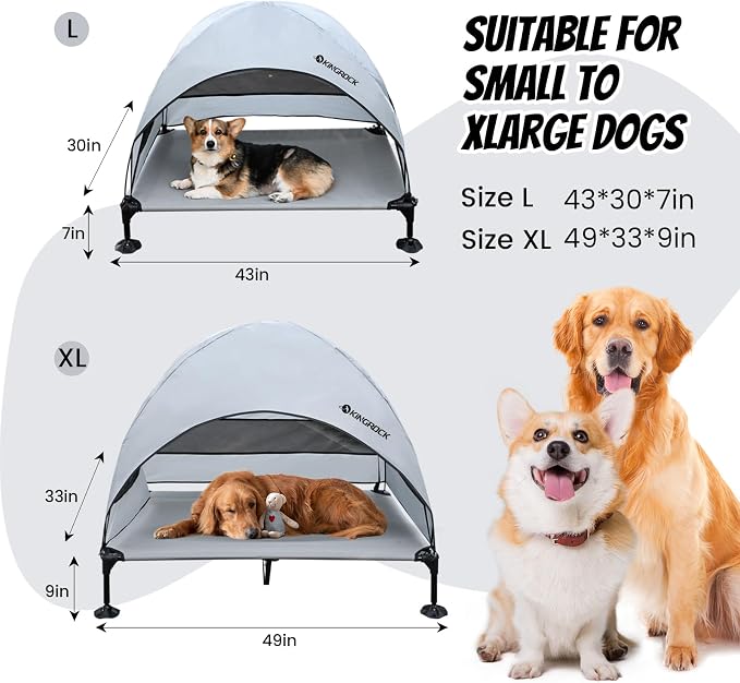 KINGROCK Elevated Dog Bed with Removable Canopy Portable Outdoor Pet Cot Waterproof 600D Oxford Fabric Anti Slip Feet for Large Dogs Camping Beach Indoor and Outdoor Use