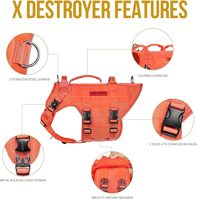 OneTigris Large Tactical Dog Harness, No Pulling Adjustable Dog Vest Harness, Heavy Duty Dog Harness with Handle, Large Hook and Loop Panels for Patch(Orange,S)