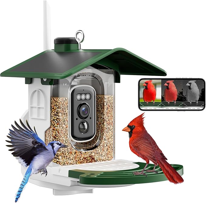Jarkyfine Smart Bird Feeder with Camera Solar Powered - AI Bird Identification, 2.4Ghz WiFi, 2K HD Video Live Stream Camera, 3MP Photos, 2.9in Focus, Gifts for Mom Dad Birdlovers, Green