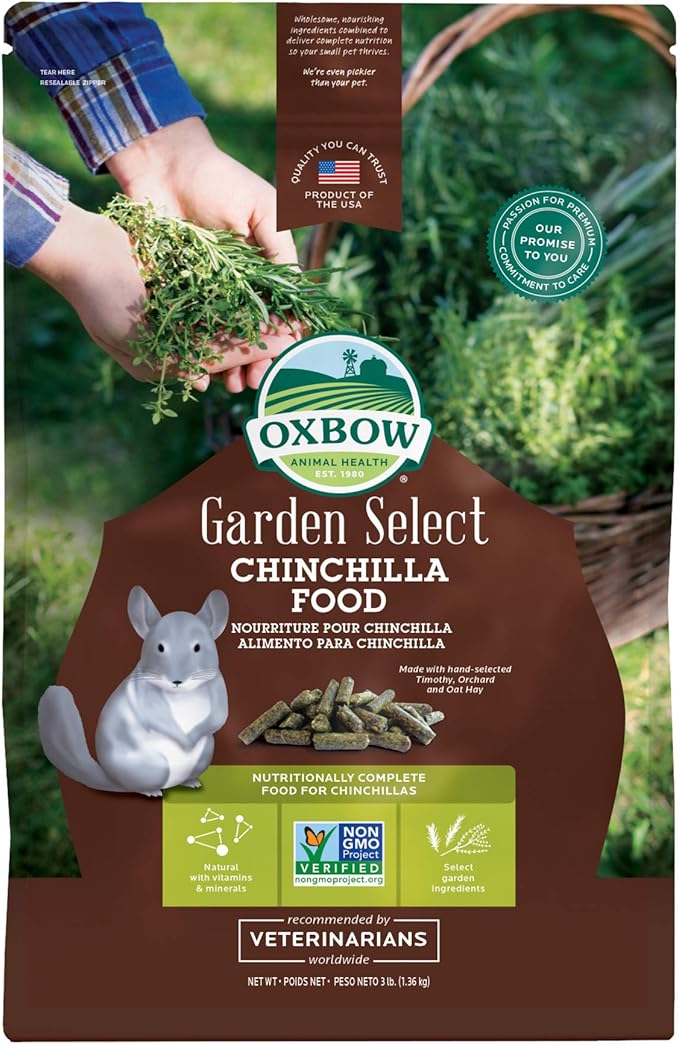 Oxbow Animal Health Garden Select Chinchilla Food, Garden-Inspired Recipe for Chinchillas of All Ages, Vitamin & Mineral Rich Pet Food Pellets, Non-GMO, Made in USA Hay, 3 Pound Bag
