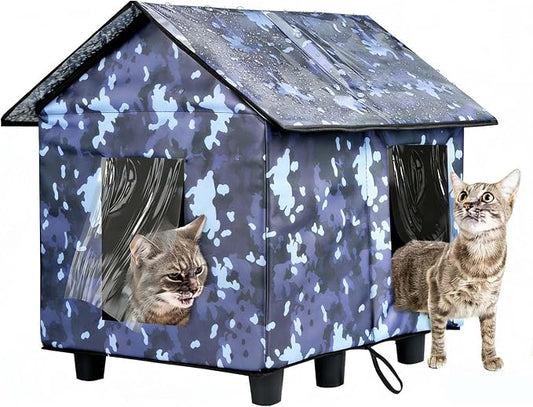 Elevated Insulated Outdoor Cat House Weatherproof - 20"x19"x17" Waterproof PVC Top & Aluminum Film Liner Camouflage Feral Cat Shelters for Keeping Cats Winter Warm, Gray