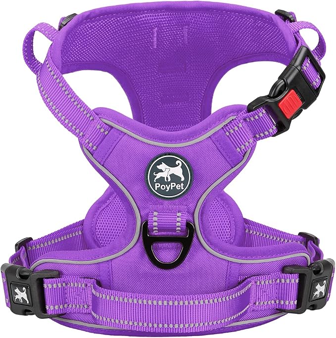 PoyPet No Pull Dog Harness, Reflective Vest with 2 Leash Clips & Handle | Lockable Neck Release Buckle, No Choke, Adjustable, Soft Padded, for Walking Training, Purple Matching Trim, Small