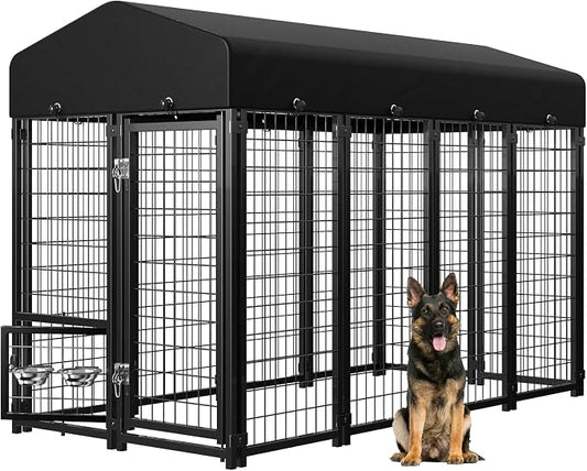 Dog Kennel Outdoor, Weatherproof Outside Dog Kennel with Roof & Swivel Feeders and Removable Dog Door, Heavy Duty Outdoor Kennels Dog Enclosure Run for Medium Large Dogs (8'L x 4'W x 6'H)