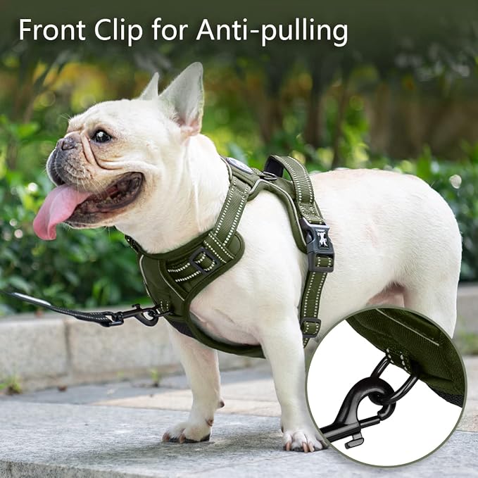 PoyPet No Pull Dog Harness, Reflective Vest with 2 Leash Clips & Handle | Lockable Neck Release Buckle, No Choke, Adjustable, Soft Padded, for Walking Training, Military Green, X-Large