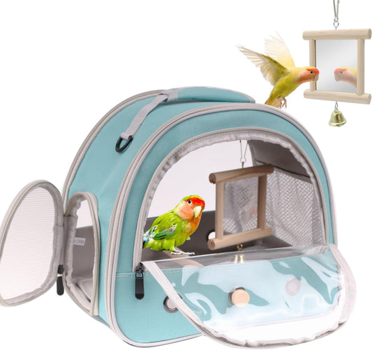 Portable Parrot Travel Cage Carrier with Small Swing Toy&Cage Colorful Toys Set Small Bird Parakeet Bag with Standing Perch Bird Carry Transport Bag (Green, Carrier/Mirror)