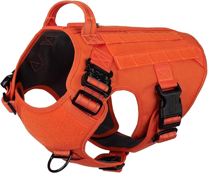 ICEFANG Tactical Dog Harness for Large Dogs,Reflective No Pull Dog Vest | with Control Handle,Adjustable,Front Hook,2 Leash Clips,Soft Padded,MOLLE Panel,Orange,Large