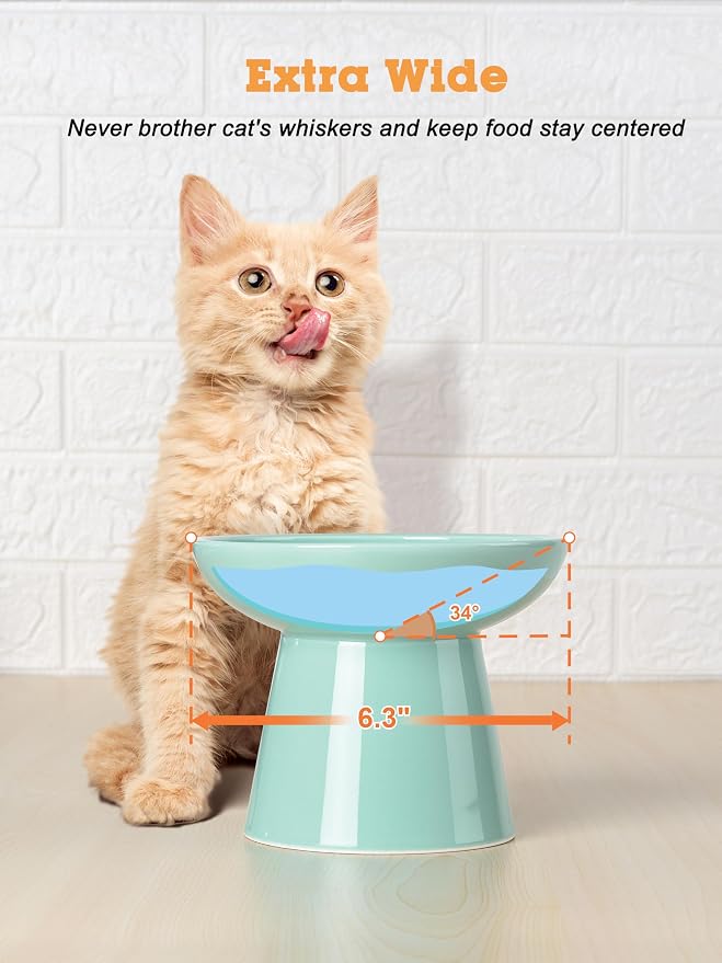 LoeJan Elevated Cat Food and Water Bowls Set, Extra Wide and Raised Ceramic Feeder, Anti-Vomit Whisker-Free Pressure Feeding Bowl for Kittens Adult Small Dogs, Blue