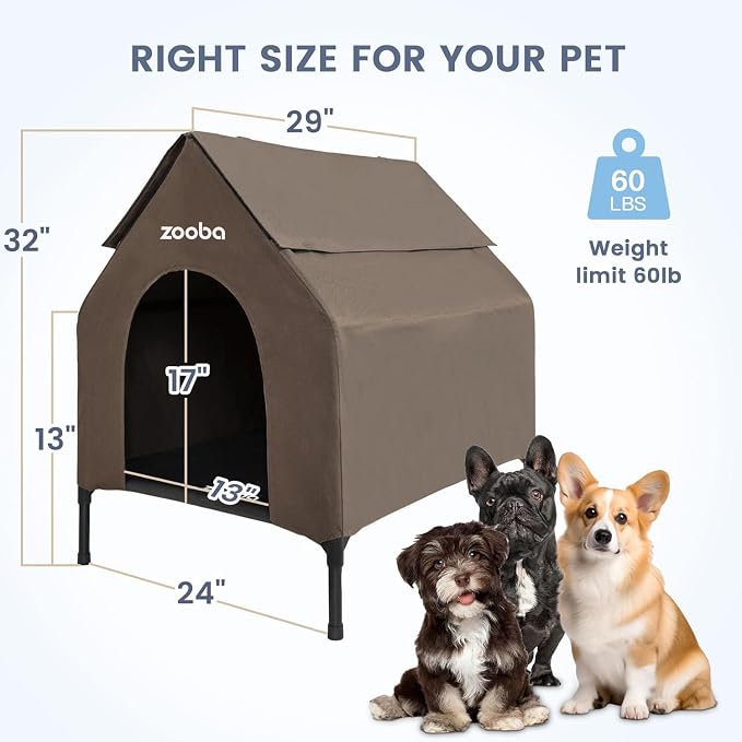 Zooba 29in Medium Dog House Outdoor, Elevated Dog Bed with Canopy, Brown | Weather-resistant 600D PVC canopy, breathable 2x1 Textilene elevated bed, steel frame; indoor or outdoor; easy to clean