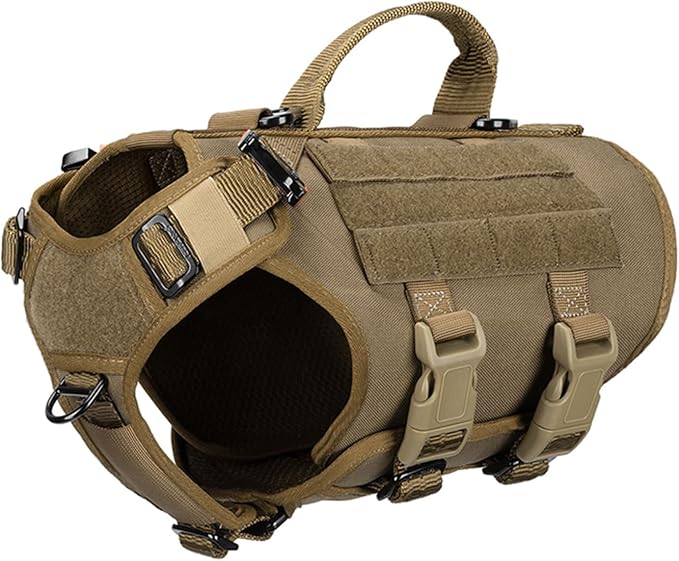 ICEFANG No Pull Tactical Dog Harness for Small Dogs,Adjustable Dog Vest | Control Handle,MOLLE Panel,Front Hook,3 Leash Clips,Soft Padded,for walking training,Brown,Small