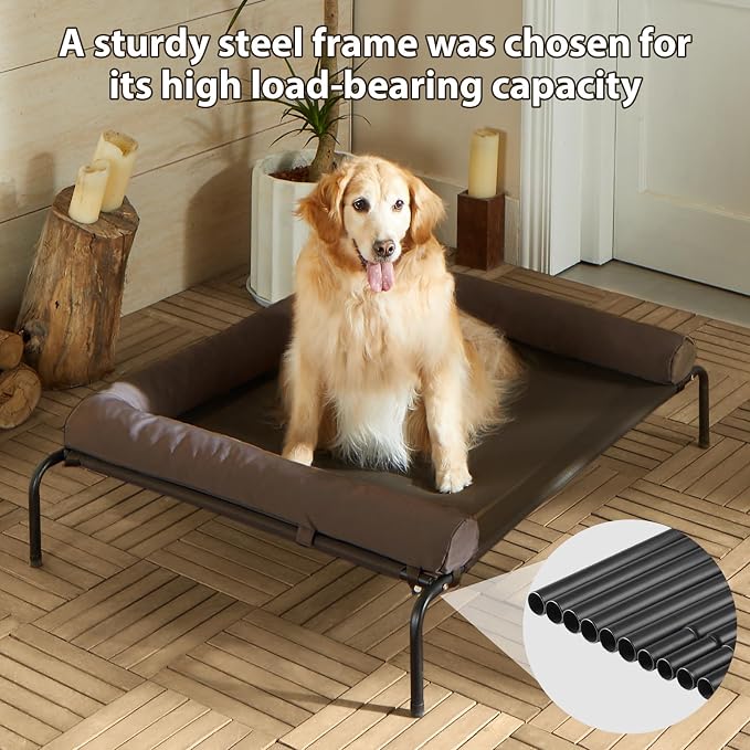 Cooling Elevated Dog Bed for Large Dogs – Waterproof Raised Dog Cot with Slope Headrest, Breathable Teslin Mesh, Durable & Portable Pet Bed for Indoor and Outdoor Use, Brown