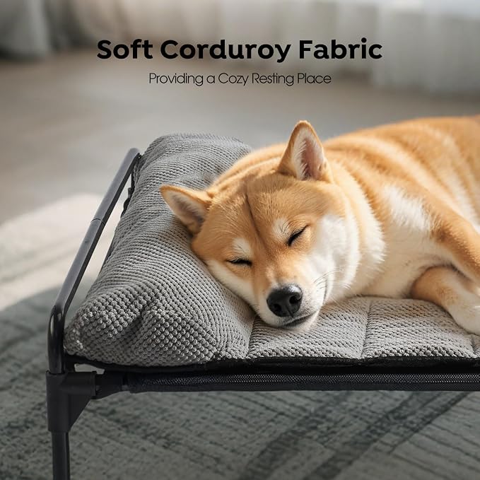 Veehoo Elevated Raised Dog Bed+Removable Padded Bolster-Cooling Outdoor Indoor Dog Cot Bed with Railing for Large Sized Dogs, Pet Cot Dog Hammock Bed Elevated Dog Couch Ded with Bolster-53 x 33"