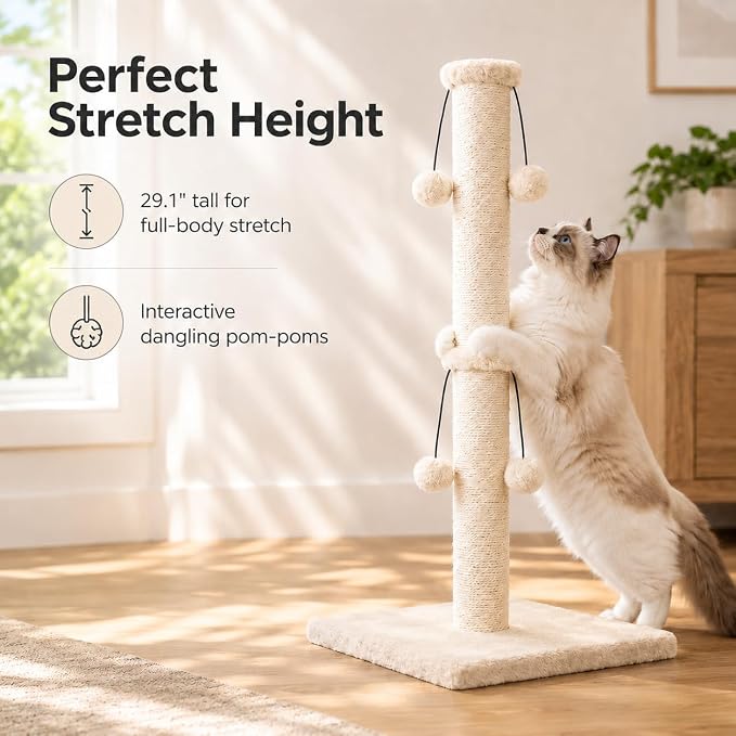Dimaka 29'' Cat Scratching Post, Natural Sisal Rope Scratch Post with 4 Teasing Toy Balls for Large Cats (Beige)