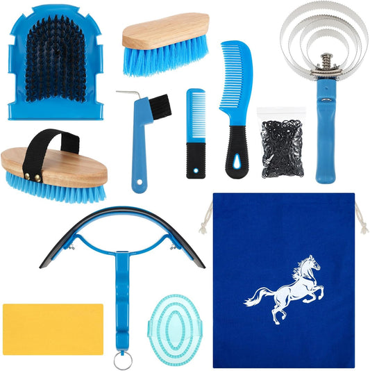 Abbylike 12 Pieces Horse Grooming Kit Racing Festival Tack Room Supplies Horse Brush Sets Equine Care Cleaning Kit Shedding Grooming Massaging Tools(Blue)