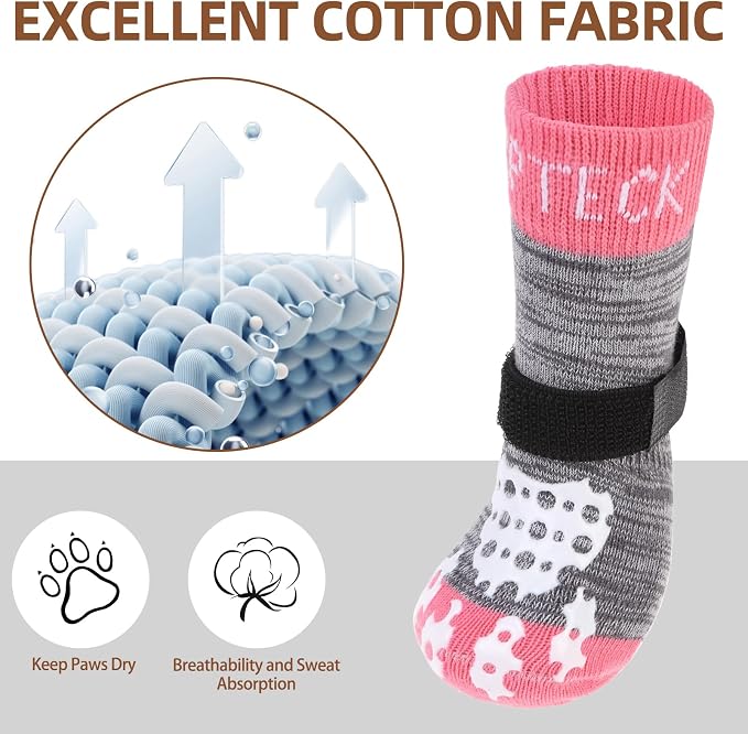 PUPTECK Anti-Slip Dog Socks with Double Sides Grips for Small Medium Large Dogs Hardwood Floors Prevents Licking, Dog Shoes for Hot Pavement Traction Control for Senior Dogs, Grey&Pink XL