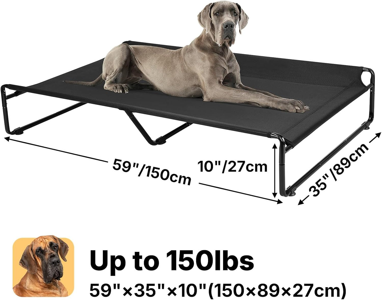 Veehoo Original Outdoor Elevated Dog Bed, Cooling Raised Dog Cot for Large Dogs, Portable Standing Pet Hammock Platform with Washable Breathable Mesh, No-Slip Feet, XX-Large, Black, CWC2201