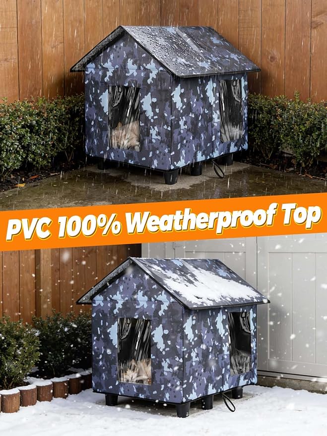 Elevated Insulated Outdoor Cat House Weatherproof - 20"x19"x17" Waterproof PVC Top & Aluminum Film Liner Camouflage Feral Cat Shelters for Keeping Cats Winter Warm, Gray