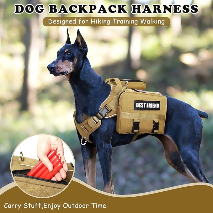 Dog Backpack Harness and Leash Set for Large Dogs Brown L | Removable Side Pockets Dog Vest with Padded Handle&MOLLE,No Pull Front&Back Metal Clips for Hiking Training Walking Hunting