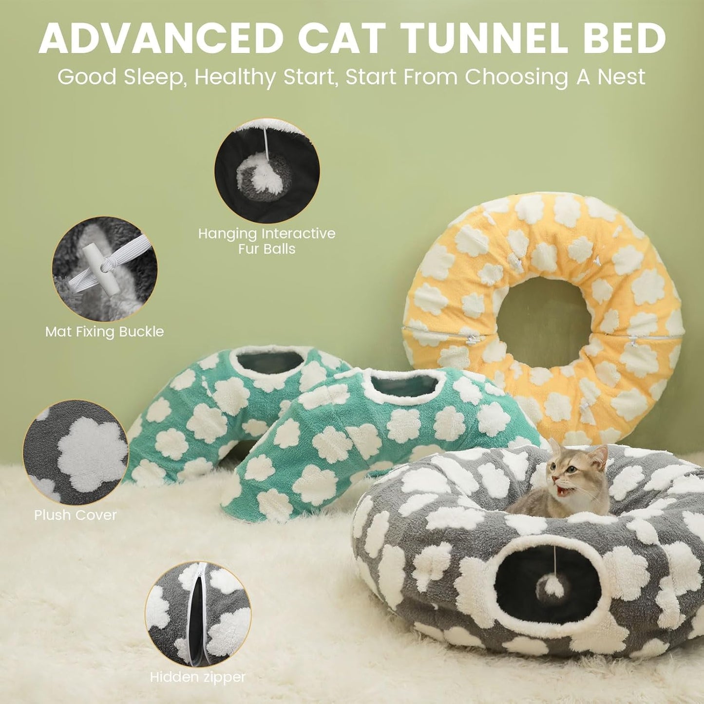 Cat Tunnel Bed for Indoor Cats,Soft Peekaboo Cave Cat Donut Tunnel with Washable Circle Cushion Central Mat, 3 Ways Shaped Round Pet Play Tunnel Toy for Kitten Puppy Rabbit Ferret Yellow