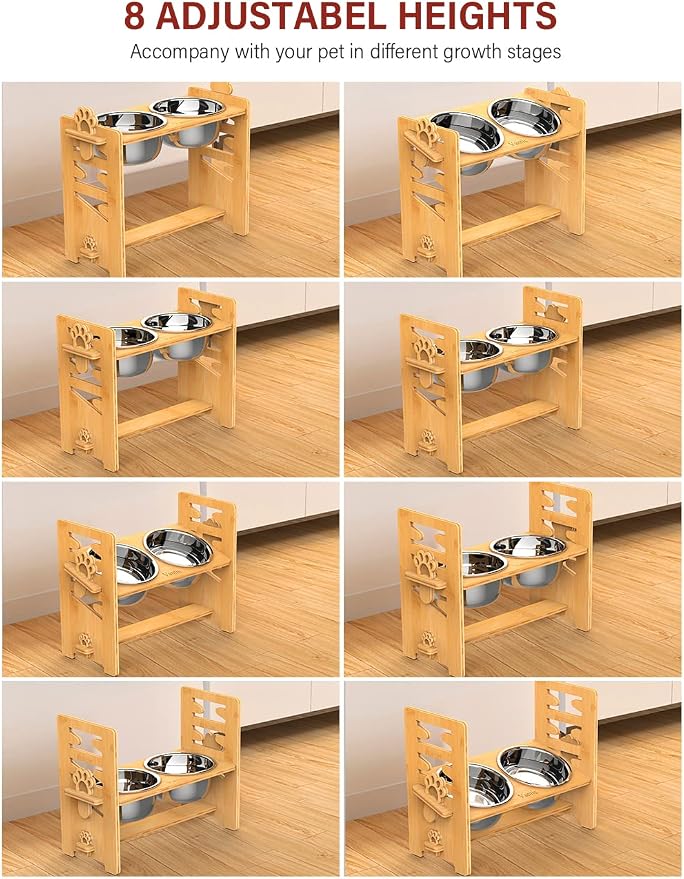 Elevated Dog Bowls, Adjustable Bowl Stand Large/XLarge, Natural | Bamboo Elevated Feeder with 2 Stainless Steel Bowls, Adjustable Height Stand for Large and Extra-Large Dogs