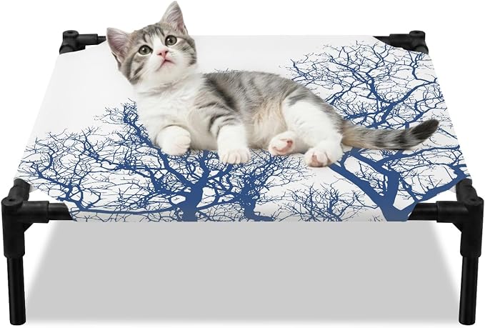 Outdoor Elevated Dog Bed for Small Dogs, Modern Tree Branches Breathable Cooling Raised Dog Cot for Indoor/Outdoor, Contemporary Sky Blue Botanical Waterproof Elevated Pet Beds, S 20 x 20 in