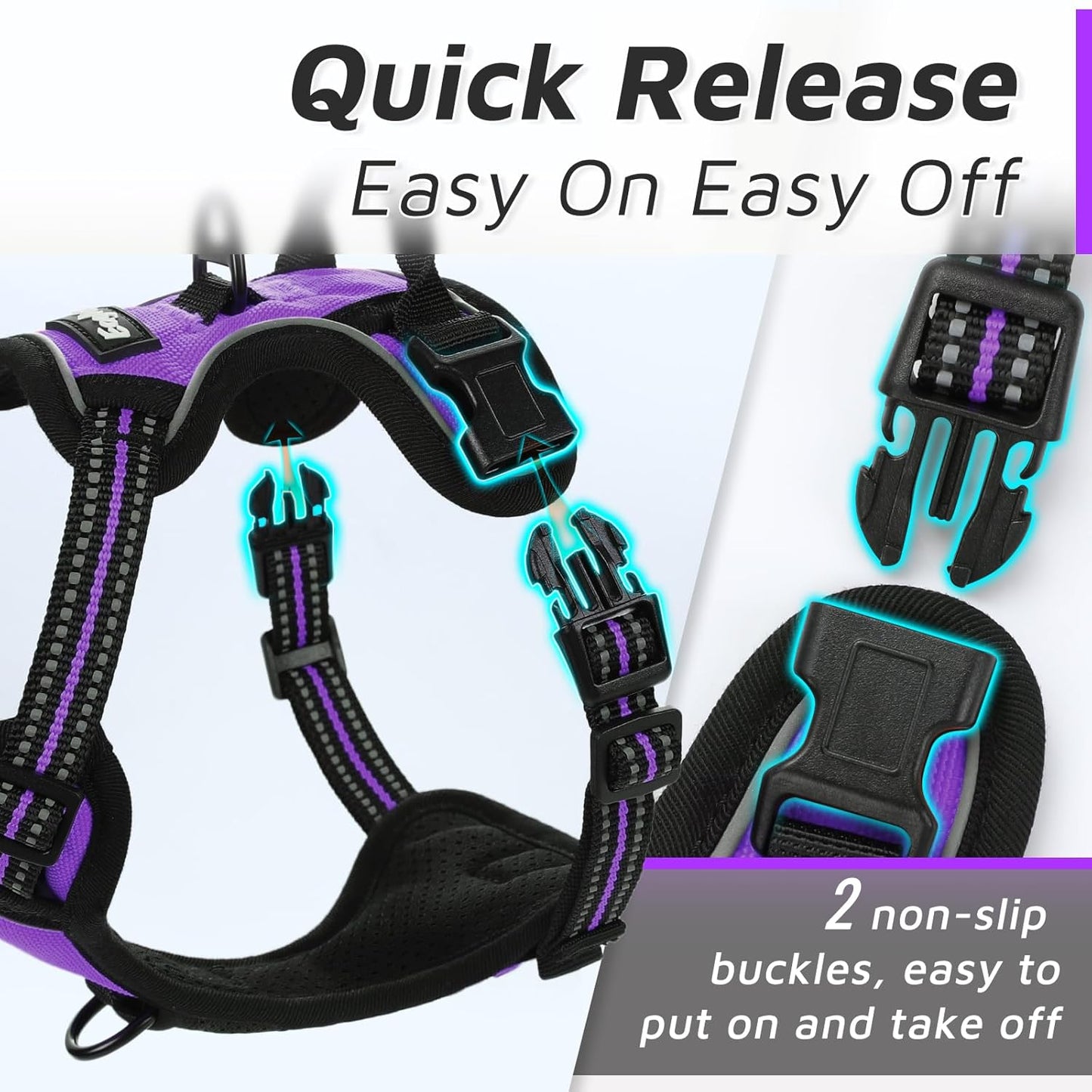 Eagloo Small Dog Harness No Pull, Service Vest with Reflective Strips and Control Handle, Adjustable and Comfortable for Easy Walking, No Choke Pet Harness with 2 Metal Rings, Purple, XS