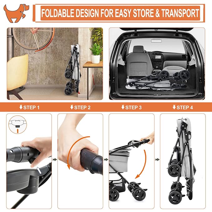 3-in-1 Pet Stroller for Small Dogs and Cats, Folding Lightweight Dog Stroller with Detachable Carrier Portable Cat Puppy Jogging Stroller with Cup Holder and Storage Basket, 4 Wheels
