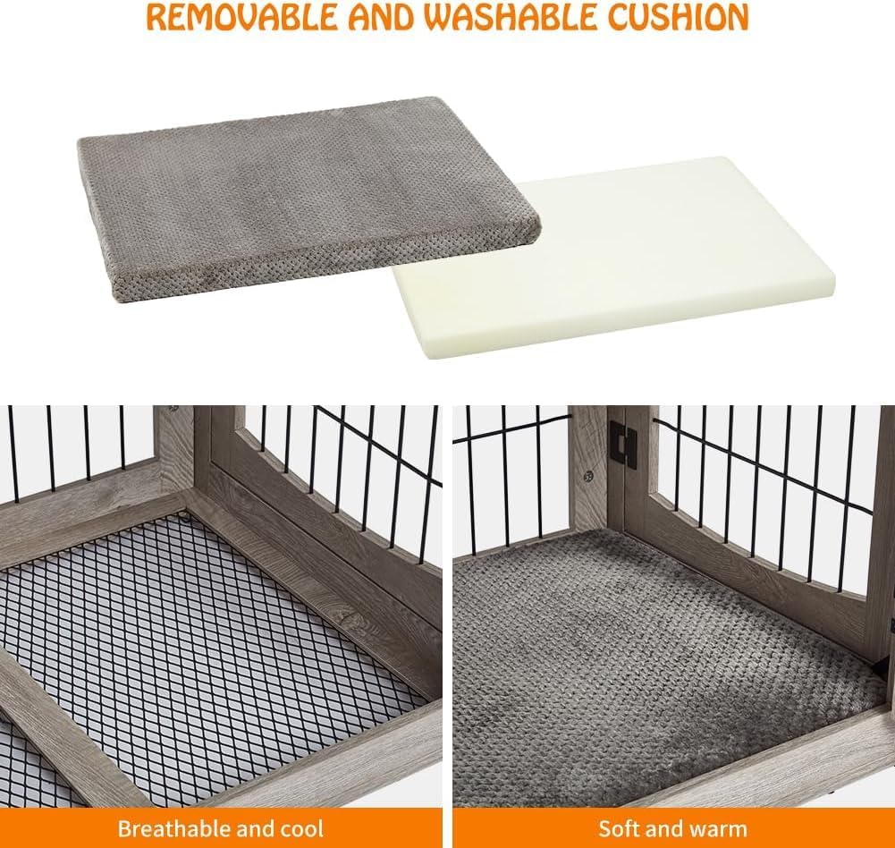 Dog Crate Furniture for Large Dogs, Wooden Dog Kennel Indoor with Double Doors, Dog Cage with Cushion & Drawers, Dog House Side End Table for Large Medium Dogs up to 70 lb, 39.4” L, Grey