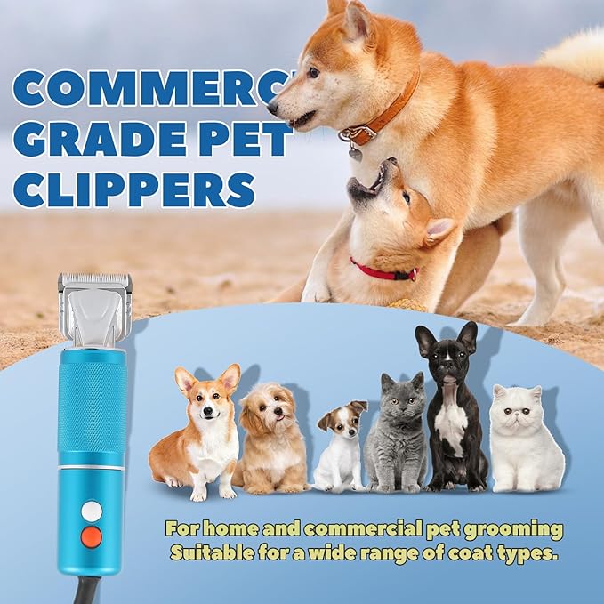 Pet Grooming Clippers, 300W Dog Hair Clippers, 3-Speed Control 5000-7000rpm& 10ft Power Cord, Low Noise< 50db, Dog Trimmer Kit with Extra Detachable Blade, Heavy-Duty for Home& Commercial Use (Blue)