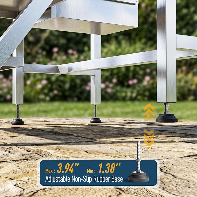 46" Dog Washing Station, 304 Stainless Steel, 440 lb, Side Step | hot cold faucet, fixed sprayer, shampoo dispenser, storage drawer, S-trap, hair filter, garage outdoor grooming